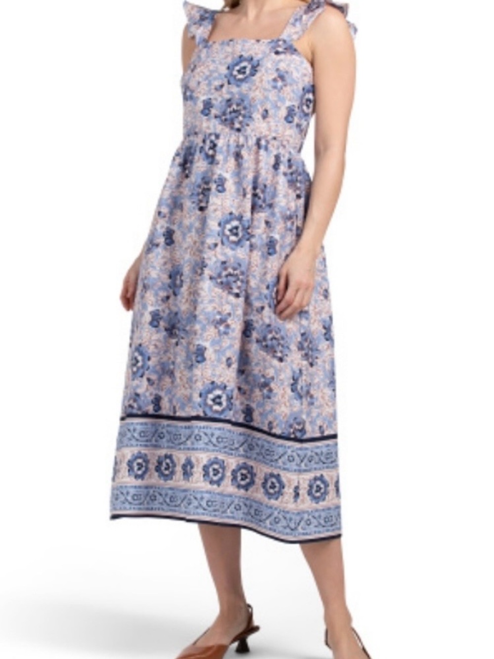 Anne Klein Floral Blue Midi Sundress with Ruffle Straps and Smocked Bodice